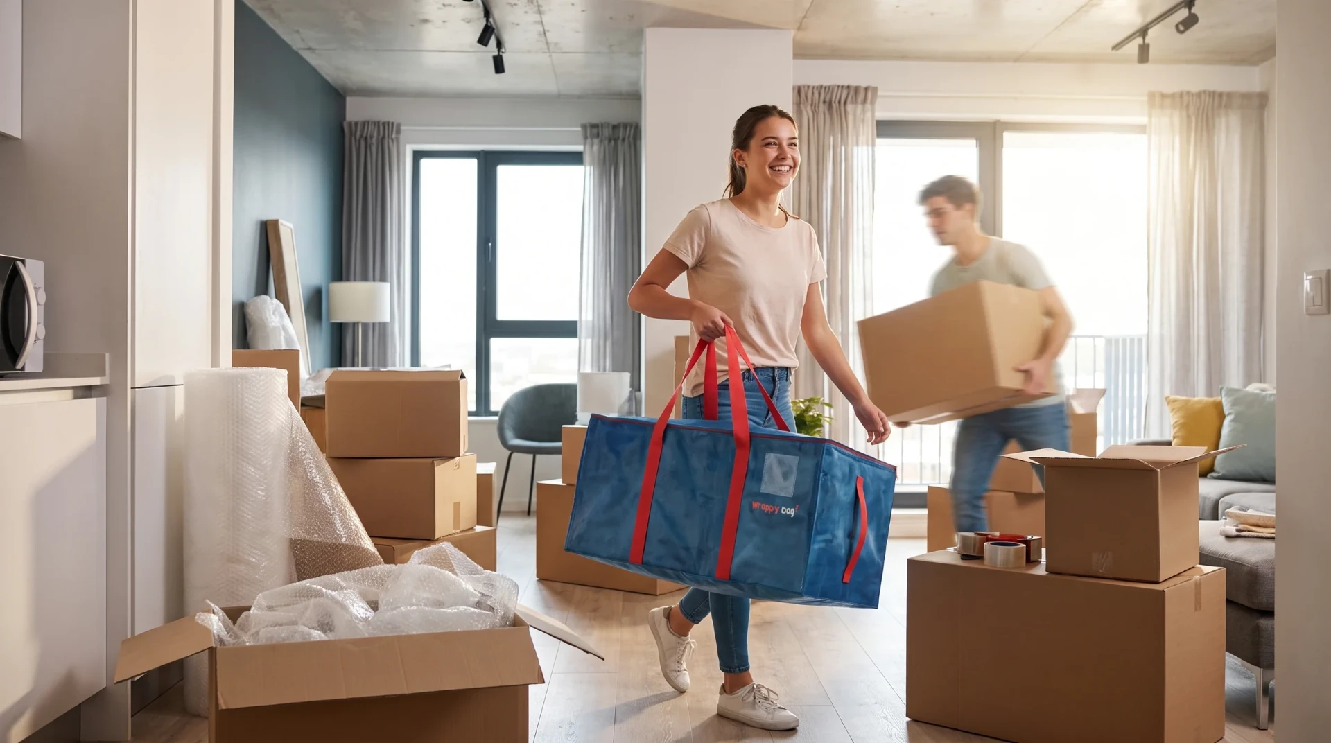 Personne portant un grand sac de déménagement Wrappybag dans un appartement